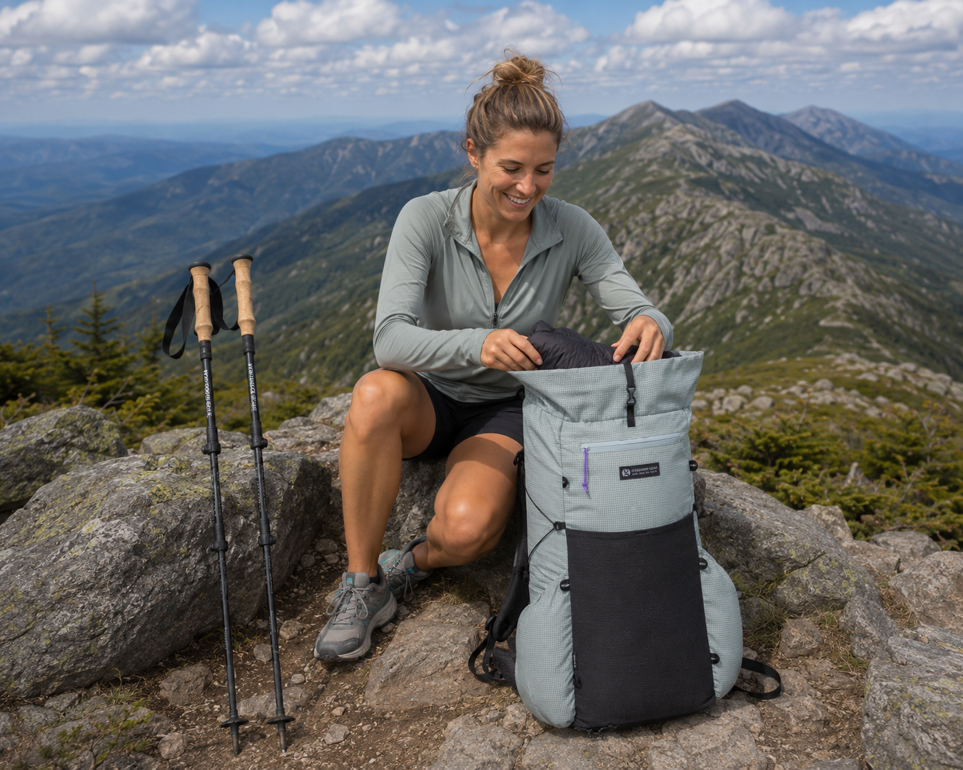 Hiker on Franconia Ridge with Gossamer Gear Skala 38 and Gossamer gear ft3 poles